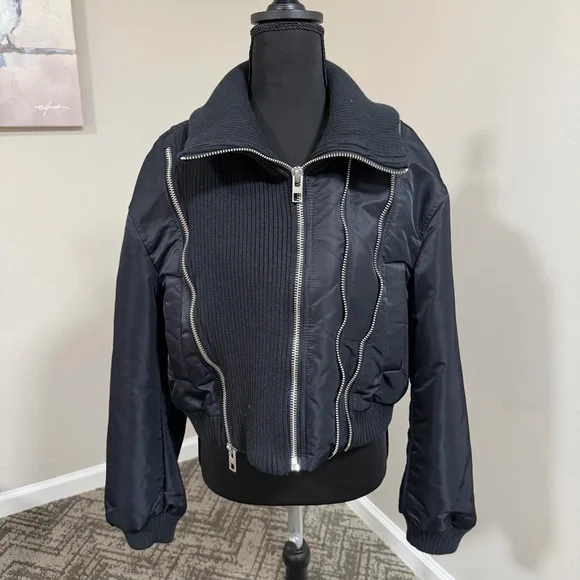 Zara Navy Zippered Pinstriped Bomber Jacket NWT - Picture 9 of 16